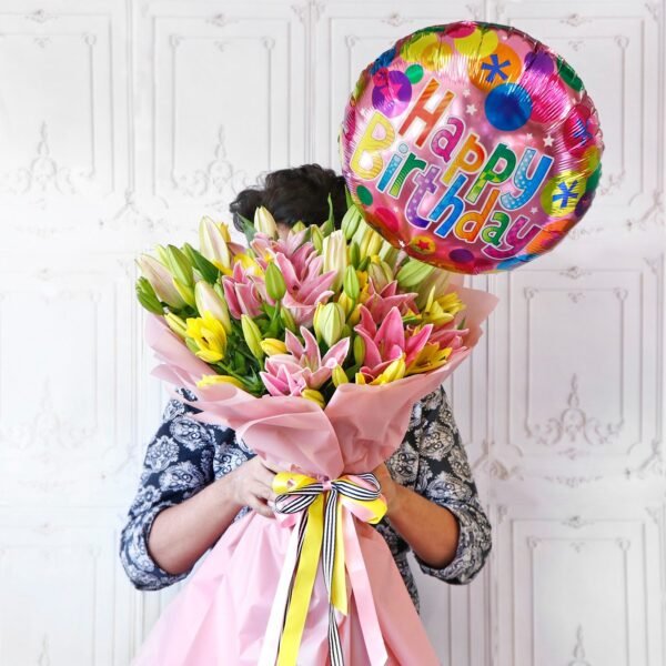 Bouquet of Assorted Lilies with Birthday Balloon