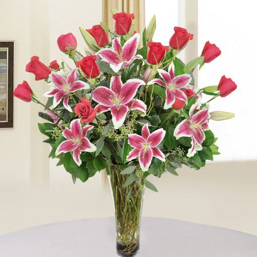 Vase Of Lily and Roses